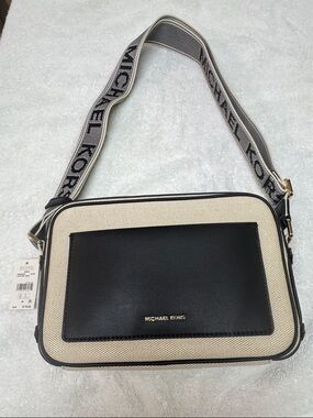Michael Kors Beige and Black Messenger Crossbody with Branded Strap